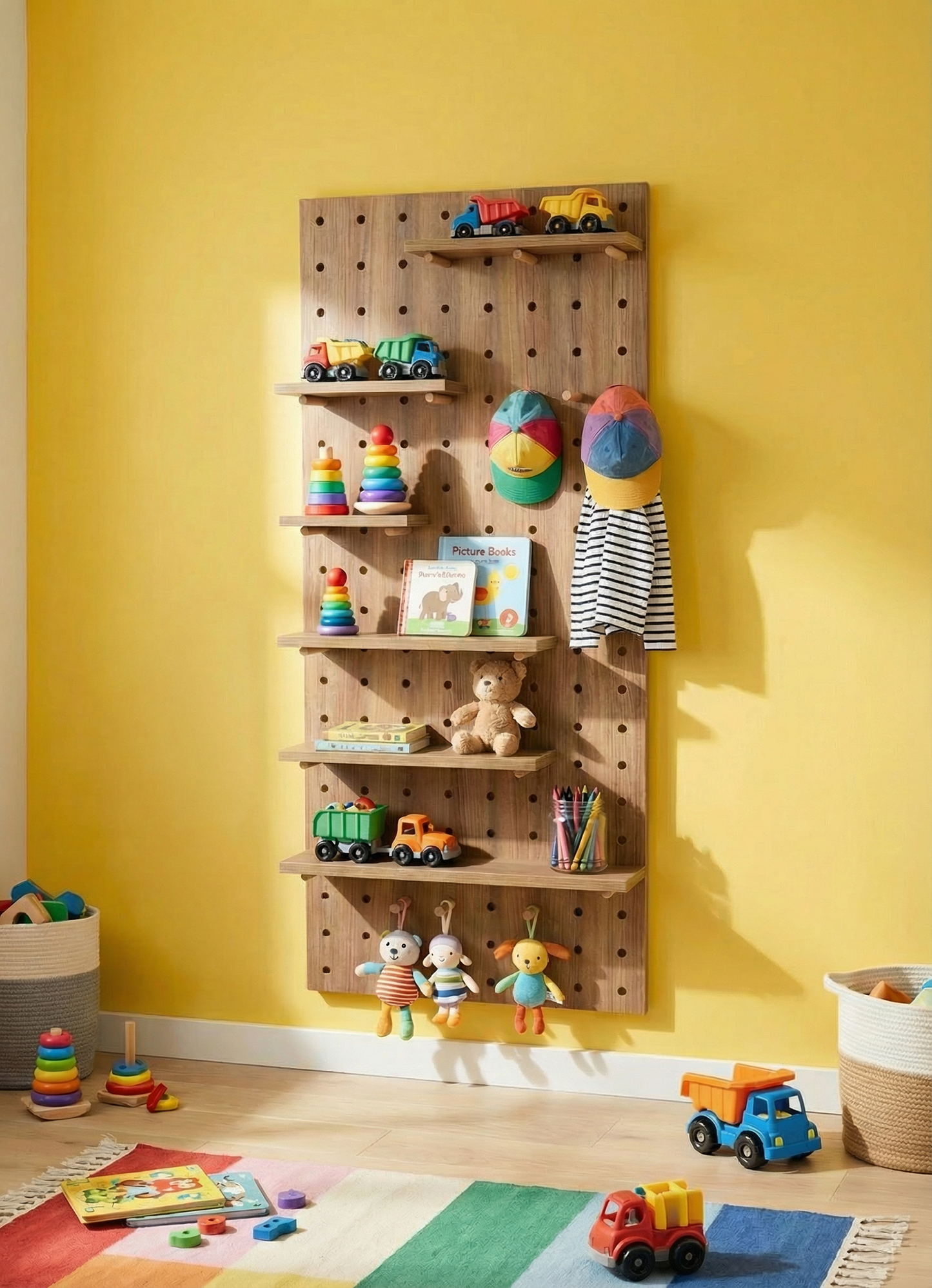 Premium Boy Ahşap Modüler Pegboard Duvar Rafı Sistemi